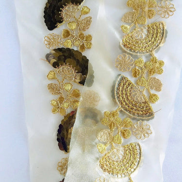 Gold Sheer Fabric Trim With Antique Gold Floral Embroidery And Metallic Sequins Embellishments, Approx. 95mm Wide - 210119L123